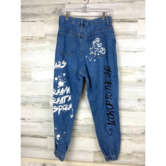 SONG Women’s 28 Blue Denim Graffiti Paint Splatter Zip Jogger Jeans - Picture 4 of 10